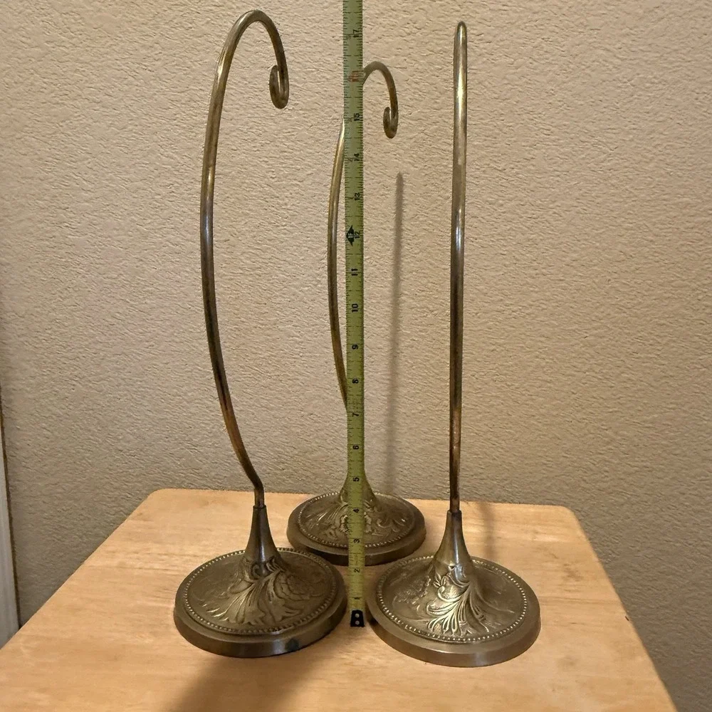 Set of 3 World Market Heavy Brass Ornate Ornament Holder Stands 17